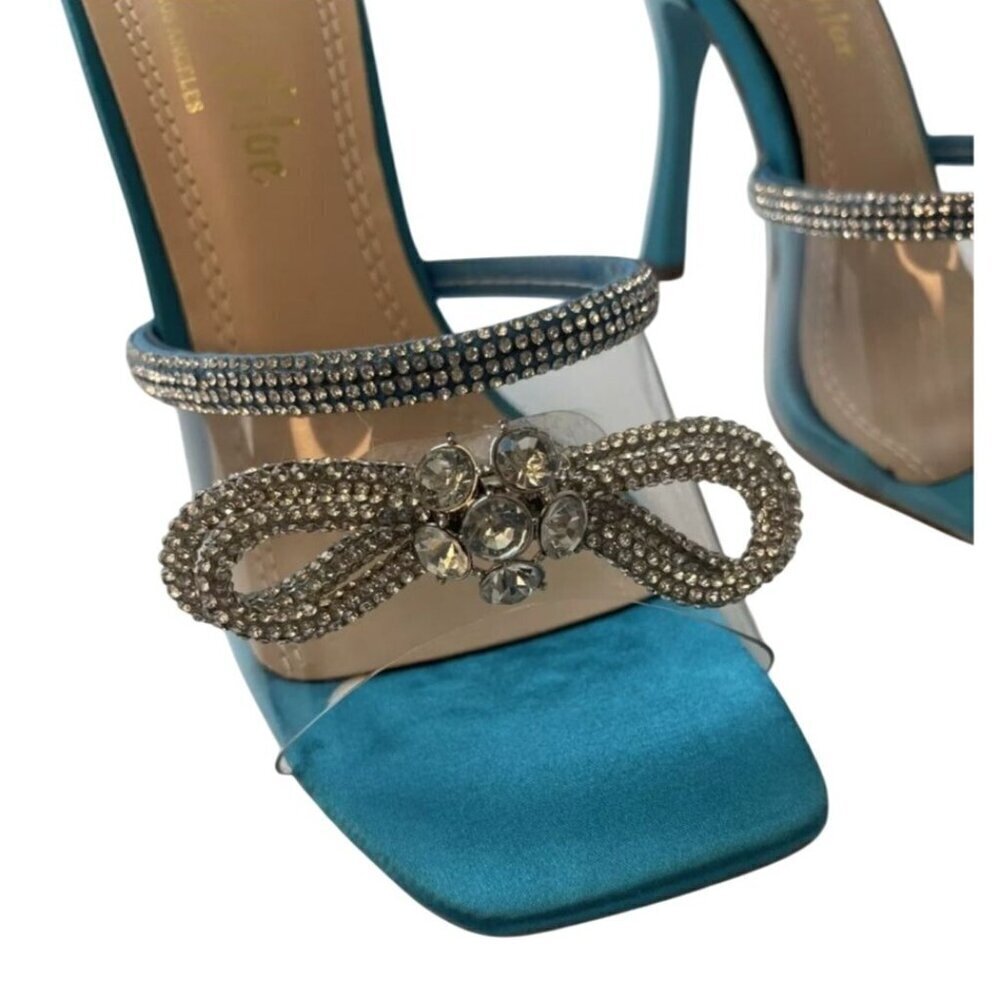 CHASE+CHLOE/ Turquoise Bow / Blue / Rhinestone / Embellished/  Heeled Sandals - Picture 3 of 8